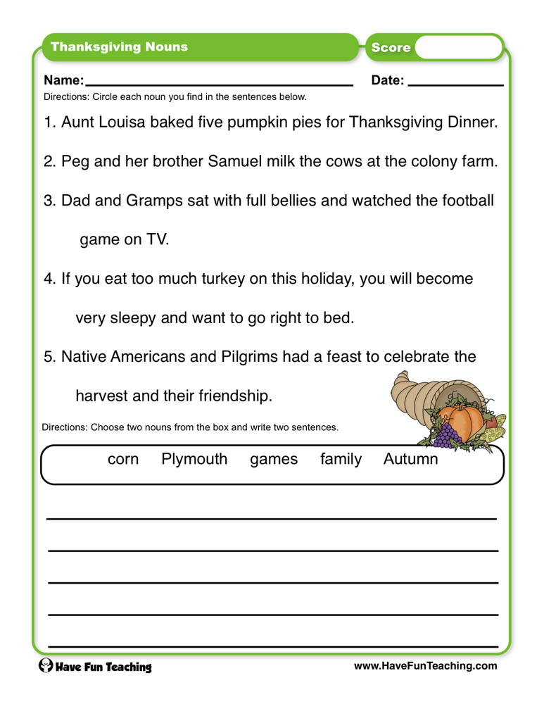 Thanksgiving Nouns Worksheet By Teach Simple - Thanksgiving Nouns Worksheets