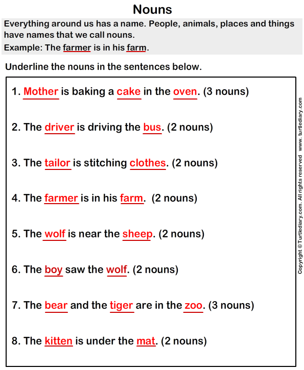 Underline The Nouns Worksheet Turtle Diary - Underline The Nouns In The Following Sentences Worksheets