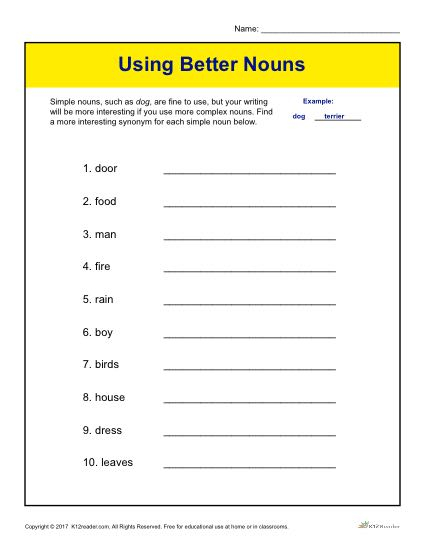 Using Better Verbs Printable 5th 7th Grade Grammar Activity - Noun Verb Worksheets 5Th Grade