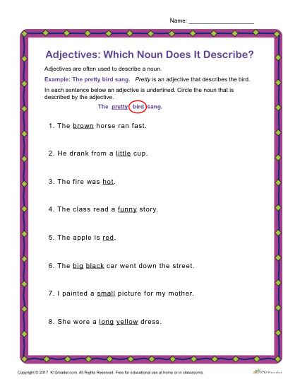 Which Noun Does It Describe Printable Adjectives Activity - Adjectives Describing Nouns Worksheets