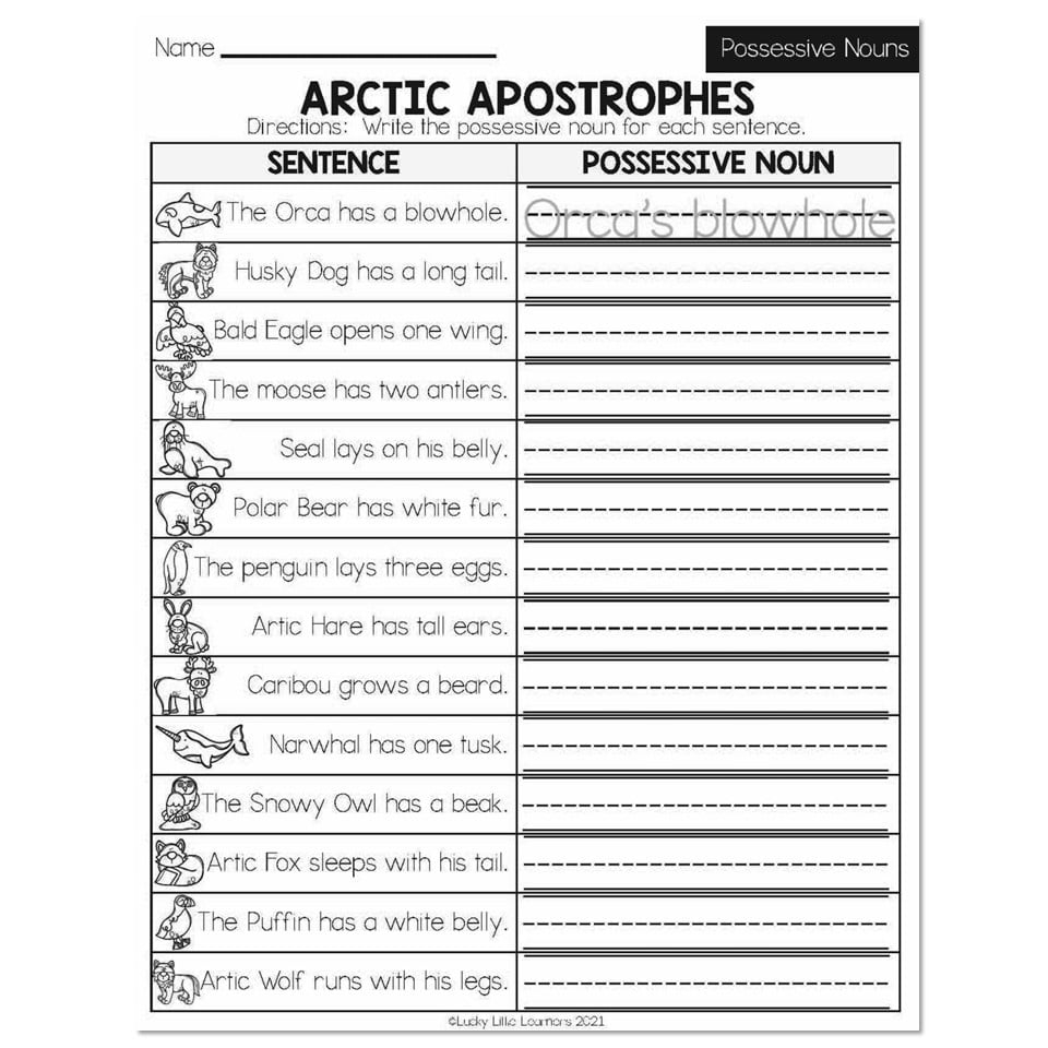 Winter Early Finishers 2nd Grade ELA Possessive Nouns Arctic  - Ela 2Nd Grade Worksheets Possessive Nouns